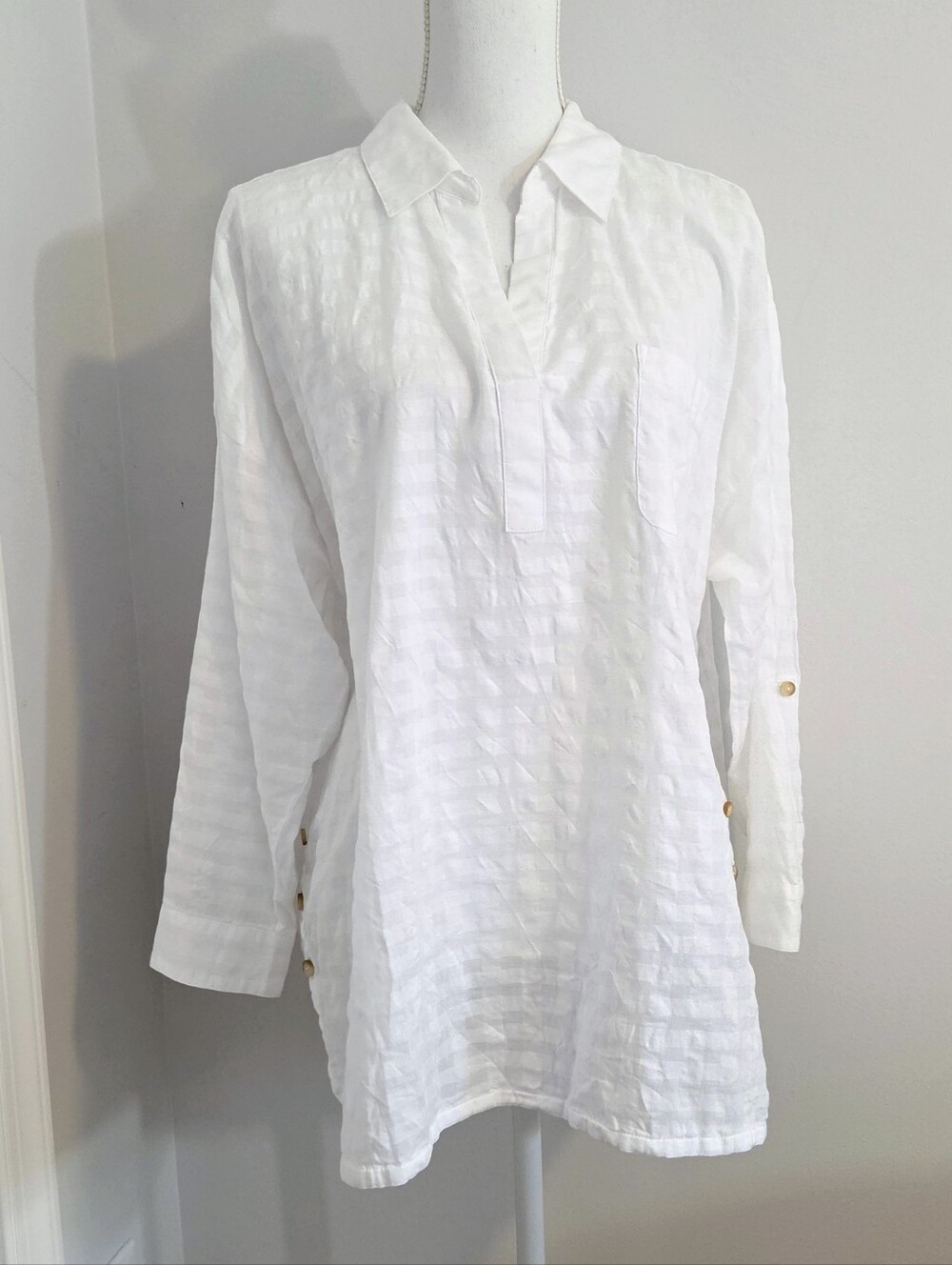 J. Jill Cotton Textured Windowpane V-Neck Popover Tunic - White XLP - Picture 2 of 12